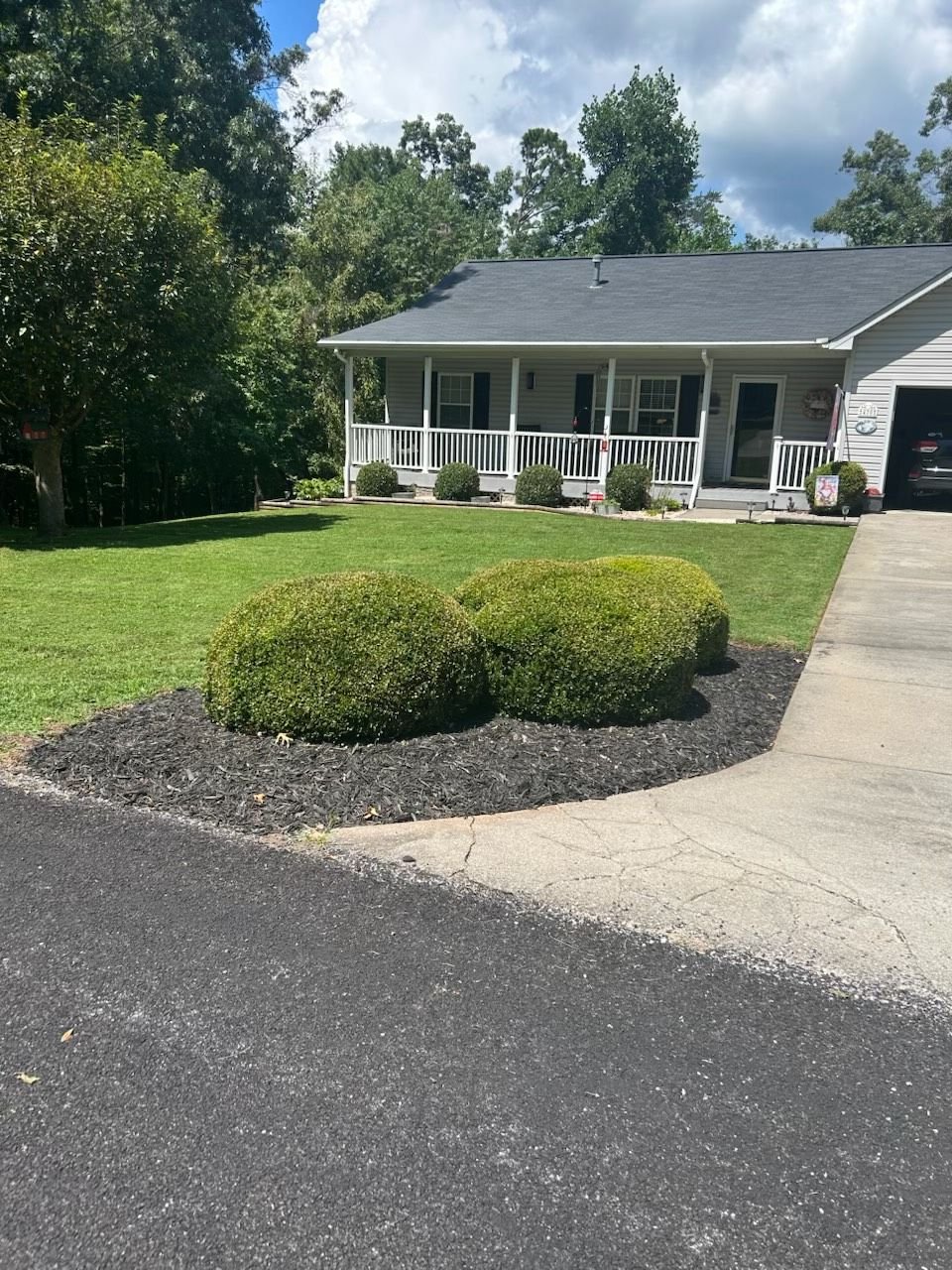 Freshly installed mulch bed with trimmed round shrubs at a home in Wilkes County, NC